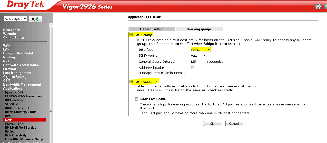 Image showing the IGMP proxy checkbox enabled and the WAN1 interface selected as the external interface which will send multicast packets in to the network.  Image also shows IGMP Snooping checkbox enabled to limit multicast packets to only the router ports where devices wish to receive the packets.